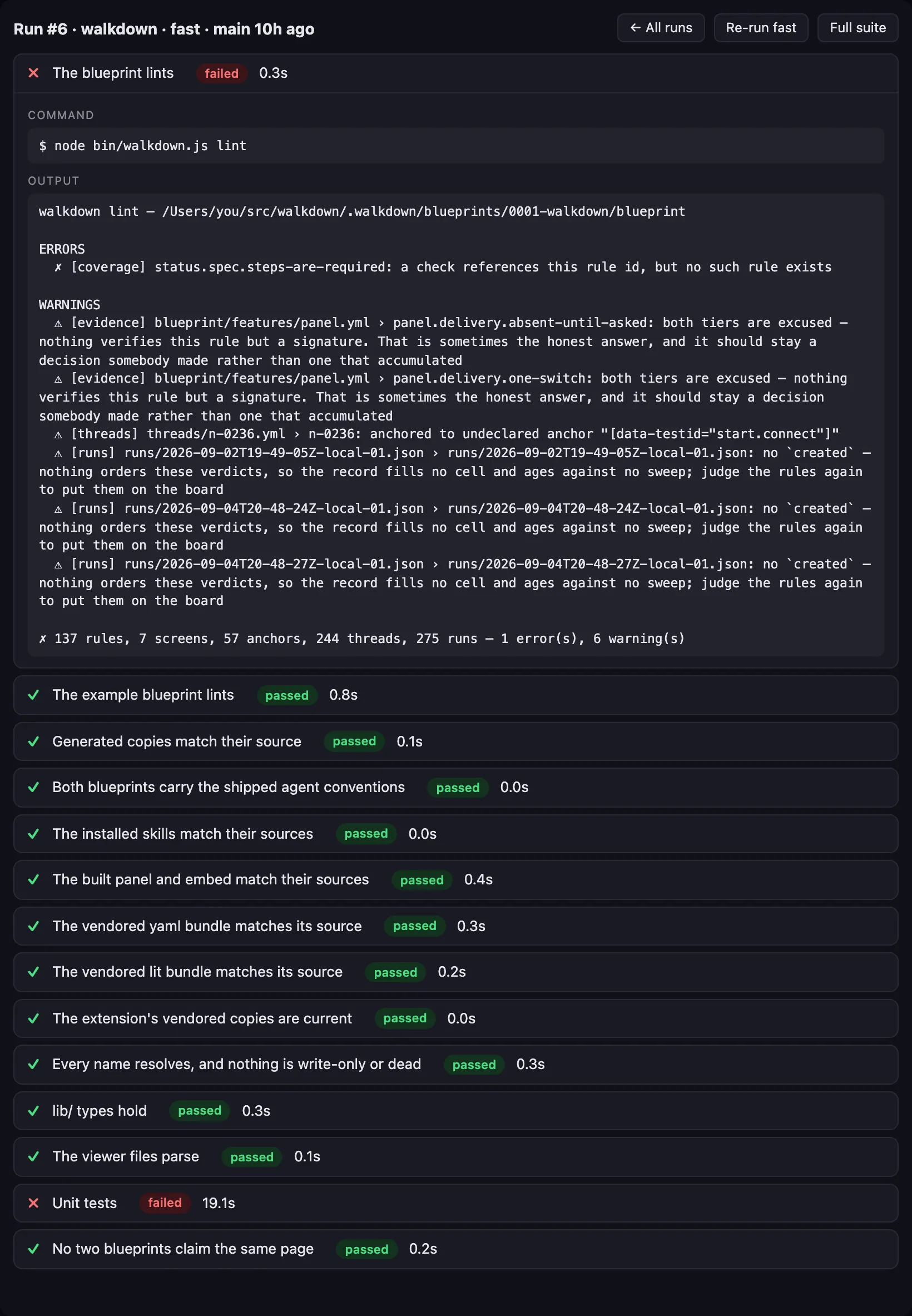 A failed run in the widget: the blueprint lint check expanded to its command and error output, eleven passing checks, and a failed unit tests check